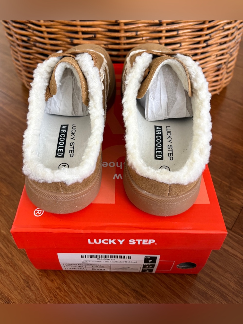 NWT Lucky Step Sneaker Mule Camel Tan Suede Cream Lace Trim Sherpa Lined SZ 7 - Picture 5 of 7